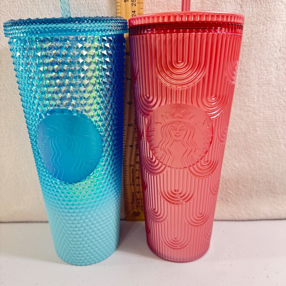 2*Starbucks Blue Ombre Studded Tumbler 24 oz Pink Shell Textured Venti Cold Cup